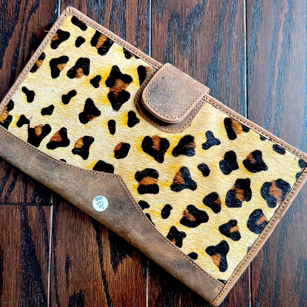 Genuine brown leather with leopard cowhide wallet